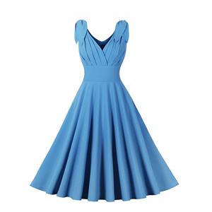 Vintage Elegant Blue Sleeveless V Neck High Waist Lace-Up A-line Dress N22469