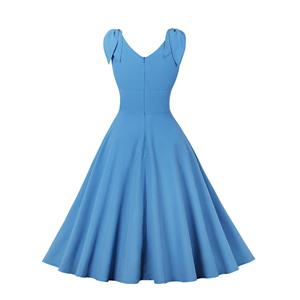 Vintage Elegant Blue Sleeveless V Neck High Waist Lace-Up A-line Dress N22469