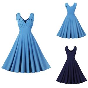 Vintage Elegant Blue Sleeveless V Neck High Waist Lace-Up A-line Dress N22469