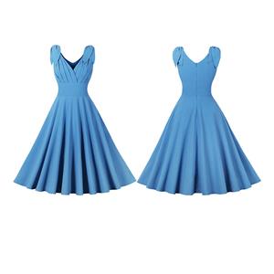 Vintage Elegant Blue Sleeveless V Neck High Waist Lace-Up A-line Dress N22469