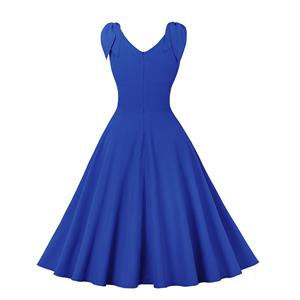 Vintage Elegant Blue Sleeveless V Neck High Waist Lace-Up A-line Dress N23025