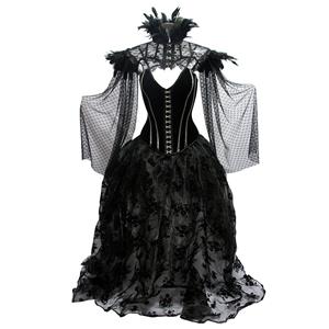 Victorian Gothic Steel Boned Overbust Corset Feather Collar Scarf Organza High Low Skirt Set N19601