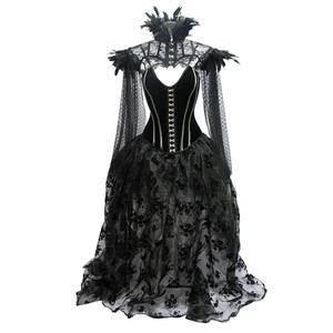 Victorian Gothic Steel Boned Overbust Corset Feather Collar Scarf Organza High Low Skirt Set N19601