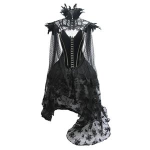 Victorian Gothic Steel Boned Overbust Corset Feather Collar Scarf Organza High Low Skirt Set N19601