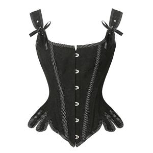 Gothic Brocade Wide Shoulder Straps Plastic Bones Wavy Hem Waist Cincher Overbust Corset N21871