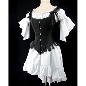 Gothic Black 14 Steel Bones Wavy Hem Overbust Corset with Off-shoulder High-low Dress N21910