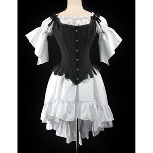 Gothic Black 14 Steel Bones Wavy Hem Overbust Corset with Off-shoulder High-low Dress N21910