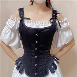 Gothic Black 14 Steel Bones Wavy Hem Overbust Corset with Off-shoulder High-low Dress N21910