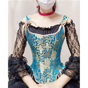 Gothic Brocade Wide Straps 14 Steel Bone Overbust Corset Off-shoulder Lace Ruffle Blouse N21926