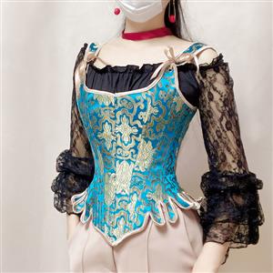 Gothic Brocade Wide Straps 14 Steel Bone Overbust Corset Off-shoulder Lace Ruffle Blouse N21926