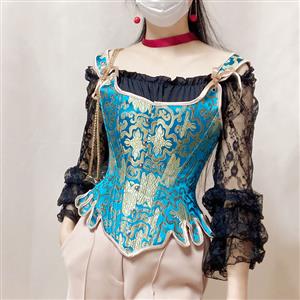 Gothic Brocade Wide Straps 14 Steel Bone Overbust Corset Off-shoulder Lace Ruffle Blouse N21926