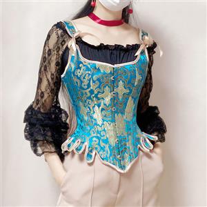 Gothic Brocade Wide Straps 14 Steel Bone Overbust Corset Off-shoulder Lace Ruffle Blouse N21926