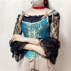 Gothic Brocade Wide Straps 14 Steel Bone Overbust Corset Off-shoulder Lace Ruffle Blouse N21926