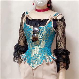 Gothic Brocade Wide Straps 14 Steel Bone Overbust Corset Off-shoulder Lace Ruffle Blouse N21926