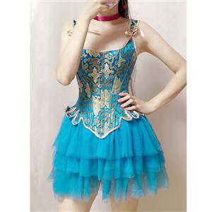 Retro Brocade 14 Steel Bones Wide Straps Overbust Corset with Multi-layered Mesh Tutu Skirt N21923