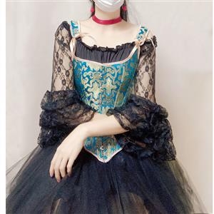 Gothic 14 Steel Bone Overbust Corset and Off-shoulder Lace Ruffle Blouse Layered Tutu Skirt N21927