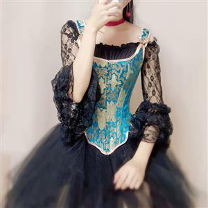 Gothic 14 Steel Bone Overbust Corset and Off-shoulder Lace Ruffle Blouse Layered Tutu Skirt N21927