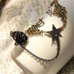 Gothic Bronze Metal Black Star Embellishment Bracelet with Rose Ring J17822