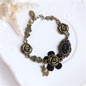 Gothic Bronze Chain Wristband Bronze Metal Floral Embellishment Bracelet J17809