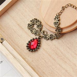 Gothic Bronze Metal Floral Chain Wristband Red Jewel Embellishment Bracelet J17837