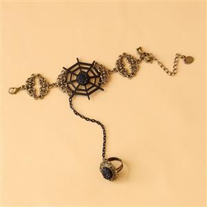 Gothic Bronze Wristband Black Cobweb Embellished Bracelet with Ring J18122