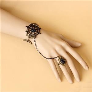 Gothic Bronze Wristband Black Cobweb Embellished Bracelet with Ring J18122