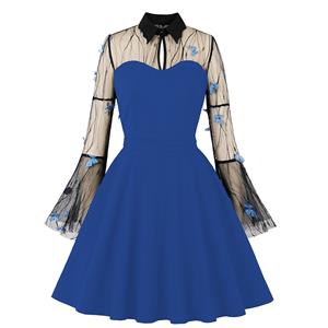 Dark-blue Lapel See-through Mesh Floral Embroidered Horn Sleeve Stitching A-line Dress N22990