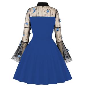 Dark-blue Lapel See-through Mesh Floral Embroidered Horn Sleeve Stitching A-line Dress N22990