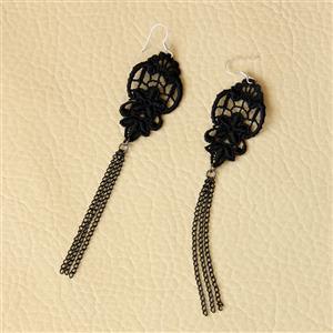 Gothic Exaggerated Black Flower Net Lace Long Tassels Earrings J18427