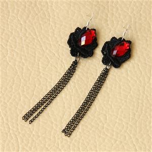 Gothic Exaggerated Black Flower Red Gem Tassels Earrings J18426