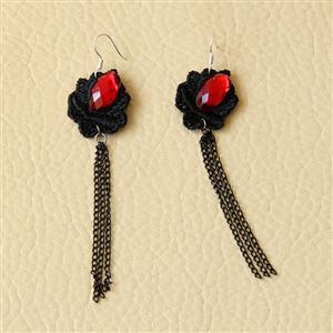 Gothic Exaggerated Black Flower Red Gem Tassels Earrings J18426