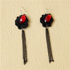 Gothic Exaggerated Black Flower Red Gem Tassels Earrings J18426