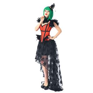 Gothic Feather Jacquard Boned Corset Organza High Low Skirt Set With Scarf And Shoulder Armor N20221