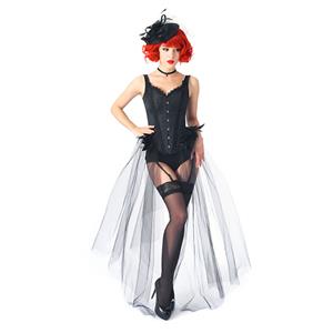 Gothic Black Feather Jacquard Buckle Shoulder Straps Gauze Hem Corset With Pantie Set N20237