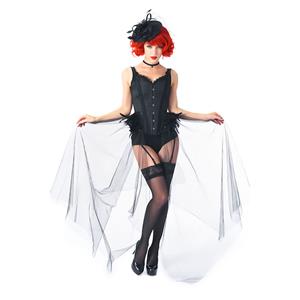 Gothic Black Feather Jacquard Buckle Shoulder Straps Gauze Hem Corset With Pantie Set N20237