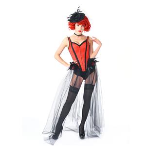 Gothic Red Feather Jacquard Buckle Shoulder Straps Gauze Hem Corset With Pantie Set N20238