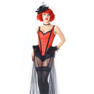 Gothic Red Feather Jacquard Buckle Shoulder Straps Gauze Hem Corset With Pantie Set N20238