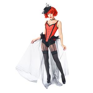 Gothic Red Feather Jacquard Buckle Shoulder Straps Gauze Hem Corset With Pantie Set N20238