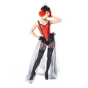 Gothic Red Feather Jacquard Buckle Shoulder Straps Gauze Hem Corset With Pantie Set N20238