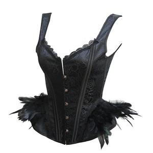 Victorian Gothic Black Feather Jacquard Wide Straps Boned Body Shaper Overbust Corset N19607