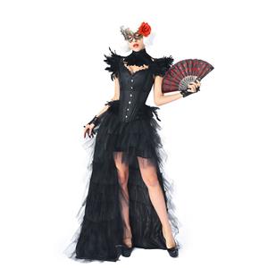 Victorian Gothic Black Feather Jacquard Wide Straps Overbust Corset High Low Skirt Set N20347