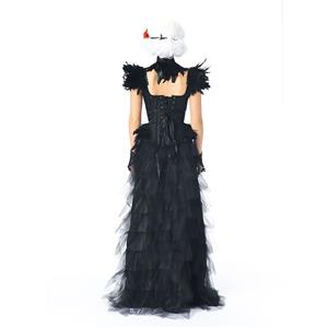 Victorian Gothic Black Feather Jacquard Wide Straps Overbust Corset High Low Skirt Set N20347