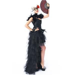 Victorian Gothic Black Feather Jacquard Wide Straps Overbust Corset High Low Skirt Set N20347