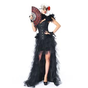 Victorian Gothic Black Feather Jacquard Wide Straps Overbust Corset High Low Skirt Set N20347