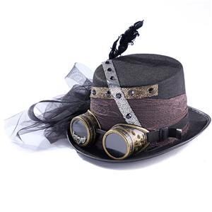Gothic Metal Feather Lace Rivet Goggles Halloween Costume Handmade Top Hat J21221