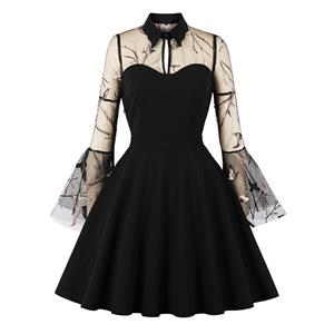 Sexy Gothic Black See-through Mesh Embroidered Lapel Flare Sleeve Vampire A-line Dress N21482