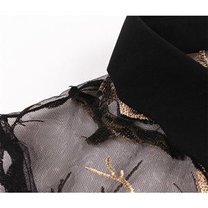 Sexy Gothic Black See-through Mesh Embroidered Lapel Flare Sleeve Vampire A-line Dress N21482