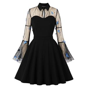Sexy Gothic Black Lapel See-through Mesh Vivid Butterfly Embroidered Flare Sleeve Midi Dress N21483