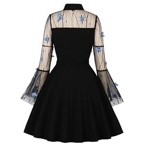 Sexy Gothic Black Lapel See-through Mesh Vivid Butterfly Embroidered Flare Sleeve Midi Dress N21483