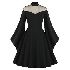 Sexy Gothic See-through Mesh Patchwork High Neck Flare Sleeve Vampire Retro Midi Dress N21491